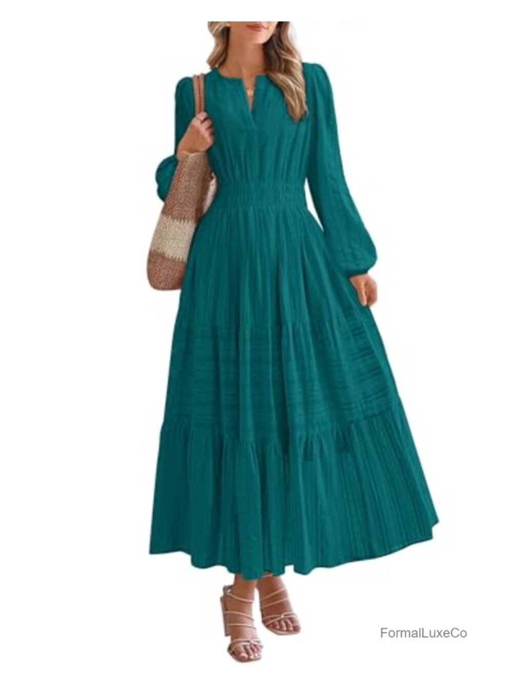 Womens Long Sleeve V Neck Maxi Dress Tiered Ruffle A Line with Pockets